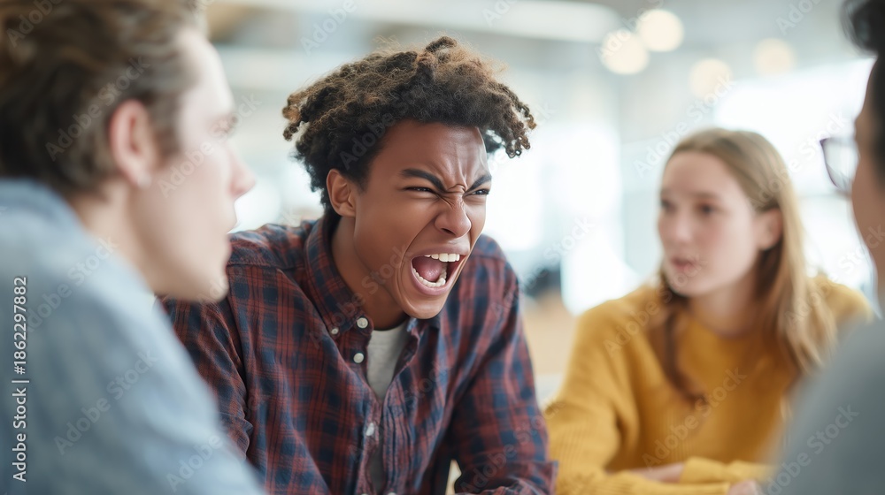 Fototapeta premium A young man at a team meeting shouts at his colleagues. A guy in a plaid shirt is sitting at a table with colleagues in a modern office, discussing a project in an informal setting.