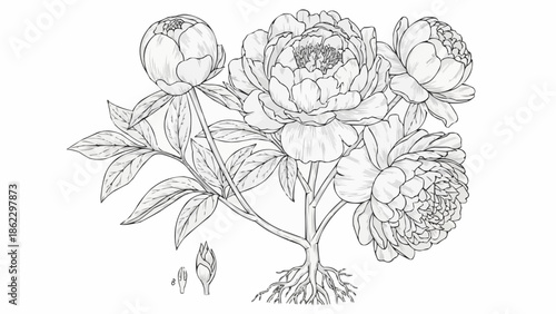 Botanical illustration of peonies with roots and leaves.