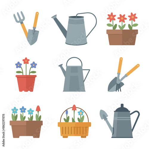icon set of gardening tools for garden work