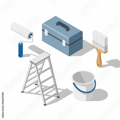 Isometric Detailed House Painting Tools and Equipment for Renovation Project