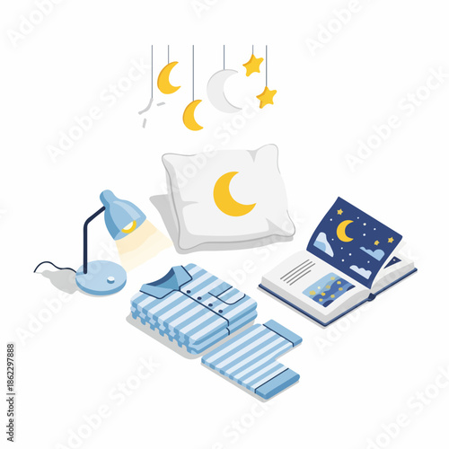 Isometric Detailed Sleep Time Bedtime Composition with Pajamas and Night Lamp
