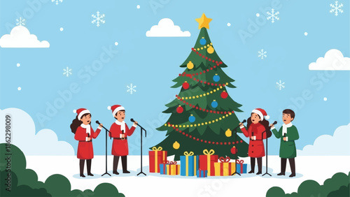 Children singing Christmas carols around a decorated tree.