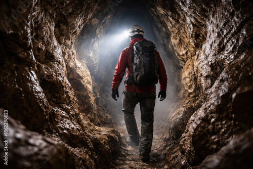 A speleologist with a backpack walks through the cave to the light.