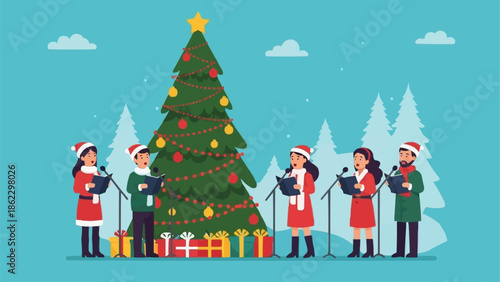 Children singing Christmas carols around a decorated tree.