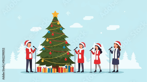 Children Singing Christmas Carols Around a Decorated Tree.