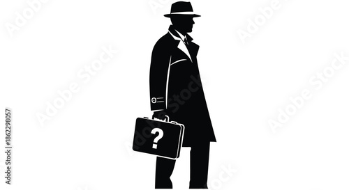 A silhouetted man in a suit and hat carries a briefcase with a question mark