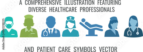 A comprehensive illustration featuring diverse healthcare professionals and patient care symbols vector