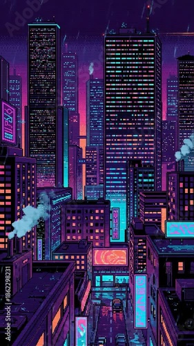 Neon cyberpunk city at night with glowing skyscrapers and signs. Futuristic urban landscape featuring pink and blue lights on rainy streets. Sci-fi digital world visualization. Vertical video