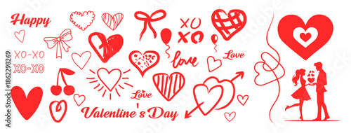 A vibrant collection of red hearts bows and romantic doodles celebrating valentine s day with affectionate imagery, Vector Illustration. 