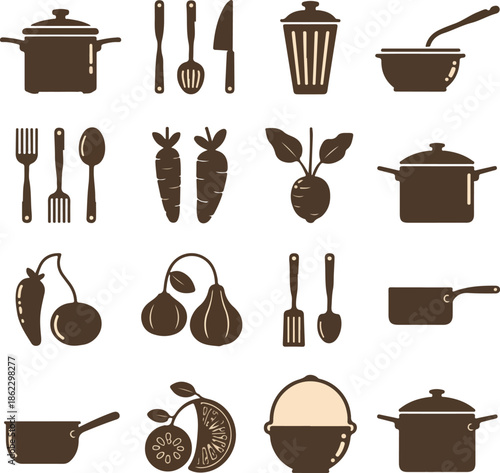 A vector illustration showing a set of kitchen utensils and tools including pots, pans, cups, spoons, forks, knives, and drinkware used for cooking and dining