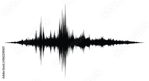 A striking black and white waveform illustration depicting sound or signal patterns with sharp peaks and valleys