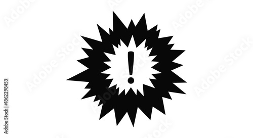 A striking black and white image depicting an exclamation mark within a spiky starburst shape