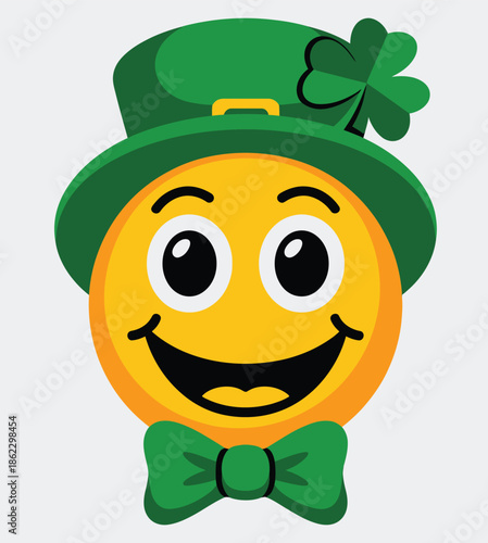 A happy yellow emoji character wearing a vibrant green leprechaun hat with a shamrock and a matching green bow tie, exuding cheerfulness.