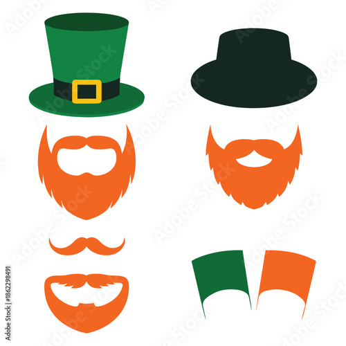 Collection of St. Patrick's Day themed graphic elements including green hats, black hats, orange beards, mustaches, and Irish flags for celebration.
