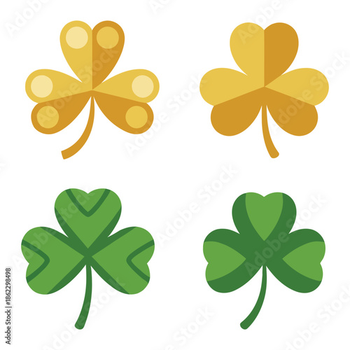 Four stylized shamrocks in gold and green colors, representing good luck and St. Patrick's Day celebrations.