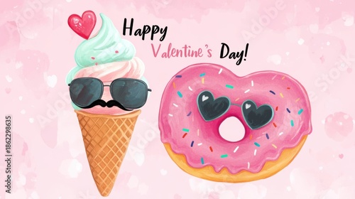 Cute watercolor illustration of a funny ice cream cone wearing sunglasses and a mustache next to a heartshaped donut for valentines day celebration