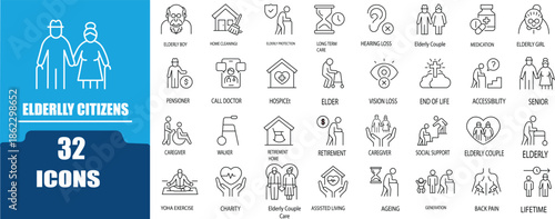 Elderly Life Icon set. Featuring icons of various old Pensioner, Healthcare, Senior Support Editable Line Set”