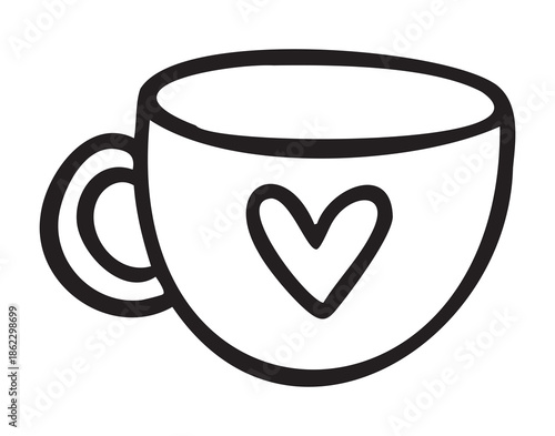 Cute cup with heart for cozy study time, doodle icon for planner and journal, hand drawn Monochrome line art outline, clean contour style, hand drawn.