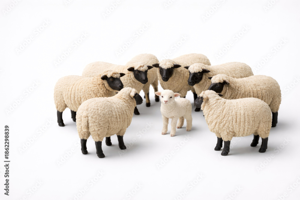 Obraz premium A white lamb among black sheep as a symbol of distinction.