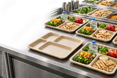 A line of trays with healthy food in the dining room. Space for text.