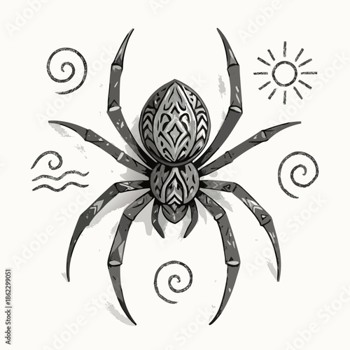 3D Polynesian spider tattoo with drop shadow, black and white, representing realistic spiritual weaving and protection