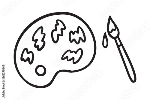 Paint palette with brush, art class doodle icon for creative school planner, hand drawn Monochrome line art outline, clean contour style, hand drawn.
