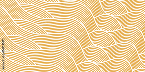 Curvy yellow lines. Ramen or noodle pattern. Pasta, tagliatelle or capellini background. Wavy spaghetti texture. Banner with traditional Italian, Chinese of Japanese food print