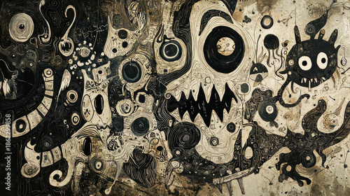 abstract shapes that morph into playful characters, fantasy symbols, and quirky doodles