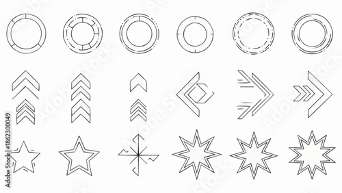 Collection of abstract geometric shapes and icons.