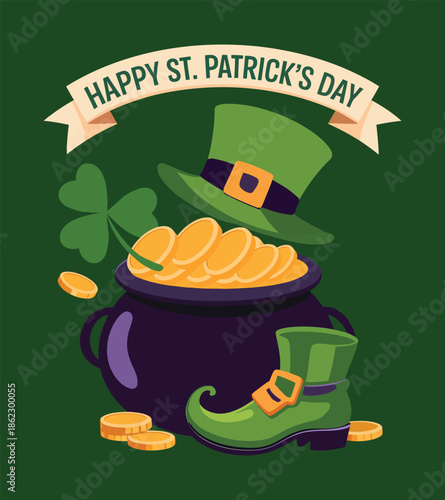 Vibrant illustration celebrating St. Patrick's Day with a leprechaun hat, pot of gold, shamrock, and shoe on a green background.