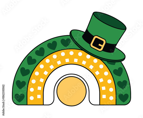 A festive green and yellow St. Patrick's Day rainbow illustration with heart and dot patterns, topped by a leprechaun hat with a gold buckle.