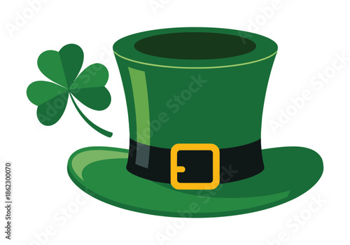 Vibrant green leprechaun hat with a gold buckle and a shamrock, symbolizing St. Patrick's Day celebration.