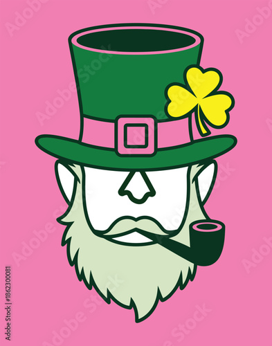 Stylized illustration of a leprechaun's head wearing a green top hat with a pink band and yellow shamrock, featuring a white face, light green beard, and a pipe, set against a pink background.