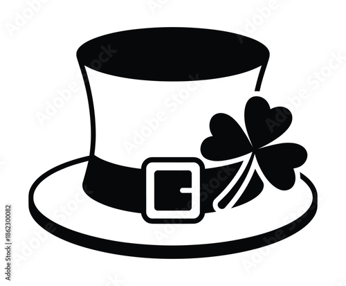 Black and white illustration of a classic top hat adorned with a buckle and a lucky four-leaf clover, symbolizing St. Patrick's Day festivities.