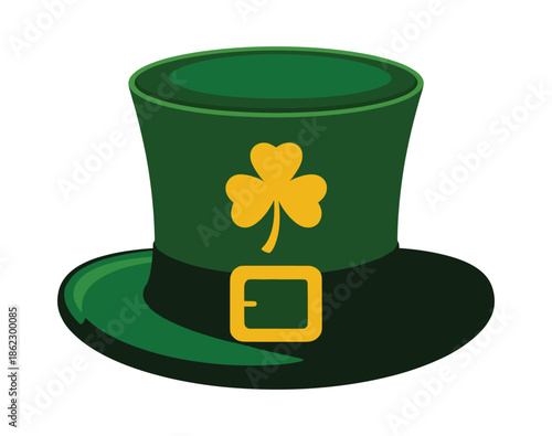 Vibrant green top hat with a golden shamrock emblem and a shiny gold buckle, symbolizing Irish culture and St. Patrick's Day celebrations.