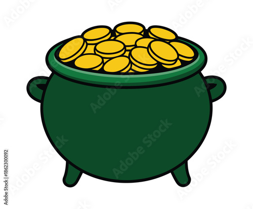 A vibrant green pot overflowing with shiny gold coins, symbolizing wealth and good fortune.