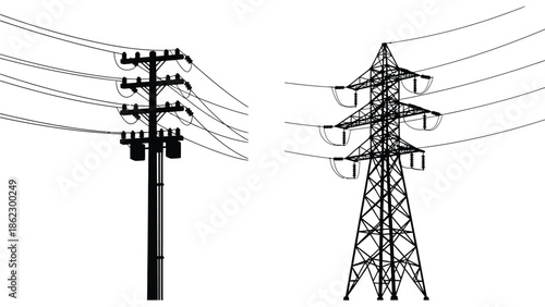 Black and white illustration depicting high voltage power lines and towers