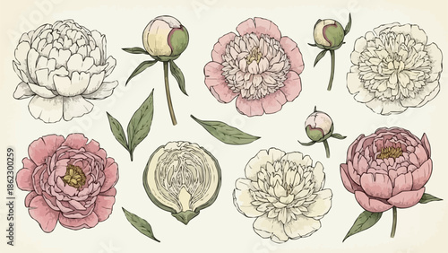 Collection of Beautiful Peony Flowers and Buds Hand Drawn Illustration.
