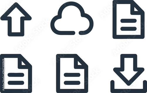 Collection of simple linear icons depicting data transfer storage and document management on transparent background vector