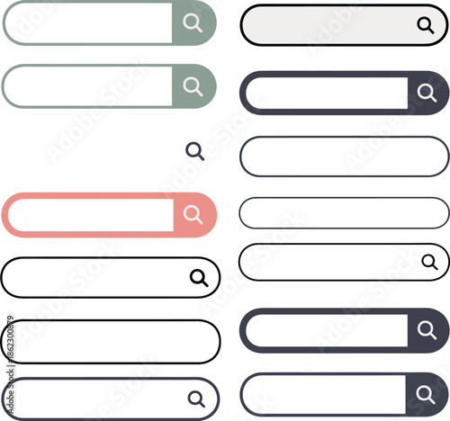 collection of search bars and search icons in various muted colors on grid
