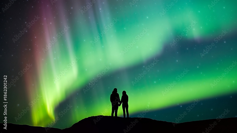 Fototapeta premium Couple witnessing stunning aurora borealis on a clear night