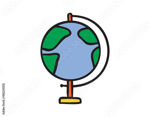 Desk globe, geography study icon, colorful school doodle, hand drawn