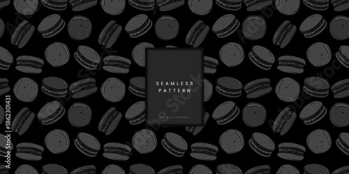 Elegant seamless pattern showing hand drawn french macarons or almond cookies in dark monochrome grey and black tones