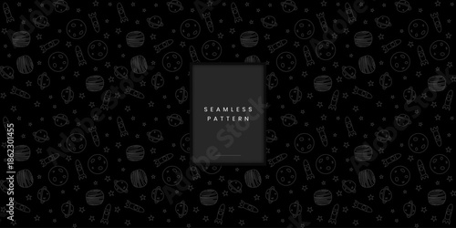 Hand drawn seamless pattern featuring space rockets planets and stars in dark monochrome grey on a black background