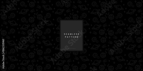 Minimalist seamless pattern featuring planet earth with comets and stars in dark monochrome grey on a black background
