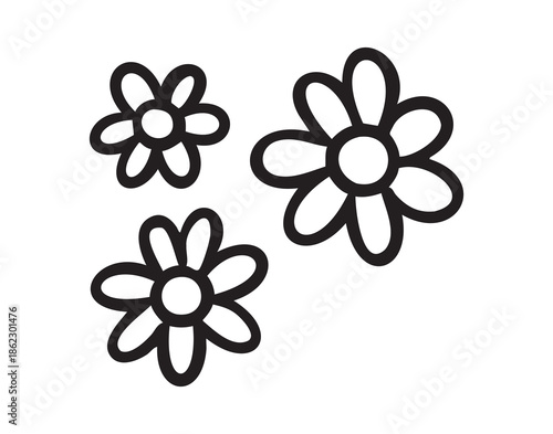 Cute daisies trio, naive floral school doodle, line art outline contour, monochrome, hand drawn