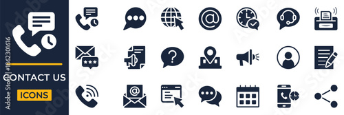 Flat contact us icons for customer support. Features colorful phone, email, and helpdesk symbols for app interface.
