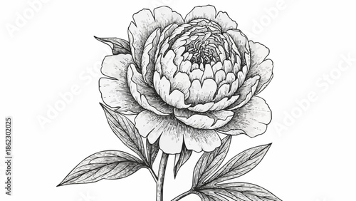 Detailed black and white sketch of a blooming peony flower with leaves.