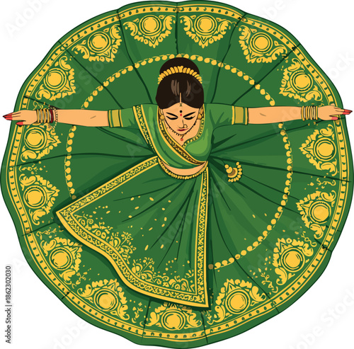 A vibrant flat illustration depicts an Indian classical dancer seen from above, wearing a richly detailed green sari with golden ornaments forming a circular, symmetrical pattern as her arms extend