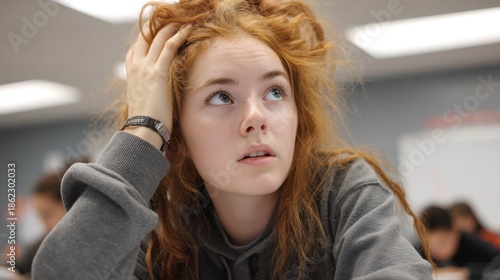 A student with red hair is sitting at a desk in a classroom. She appears thoughtful while other students are focused on their work in the background. It is afternoon.
